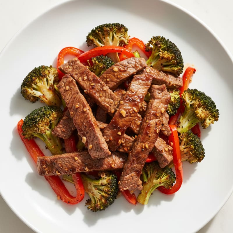 Seared Beef Strips with Roasted Broccoli and Bell Peppers