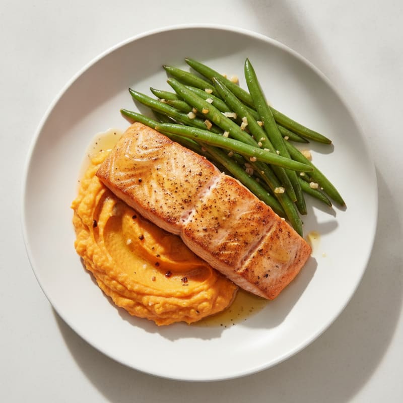 Seared Salmon Fillet with Garlic Green Beans and Sweet Potato Mash