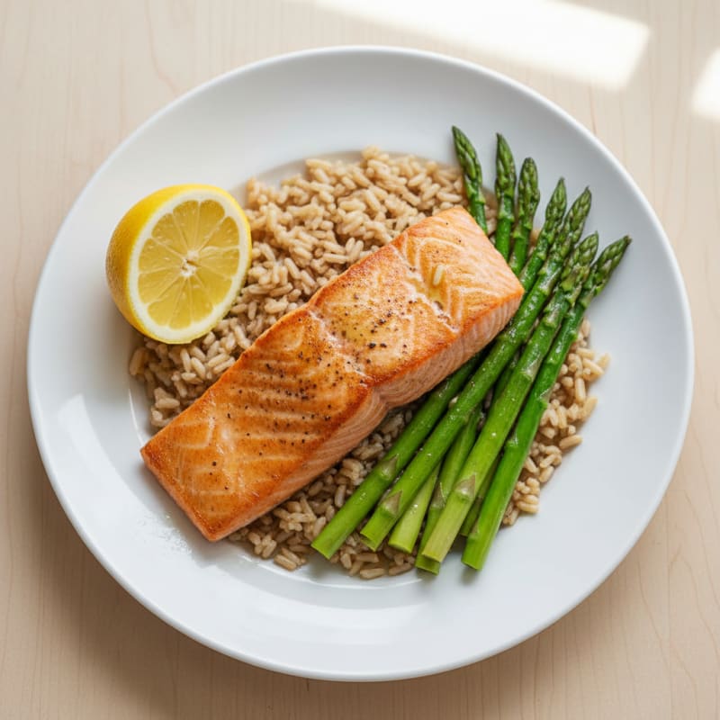 Seared Salmon Fillet with Steamed Asparagus and Brown Rice