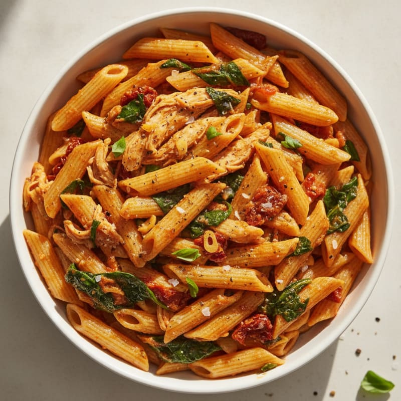 Pulled Chicken Pasta with Sun-Dried Tomato Sauce