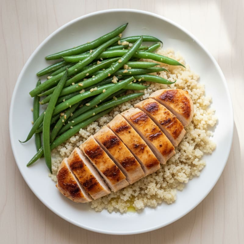 Seared Chicken Breast with Garlic Green Beans and Quinoa