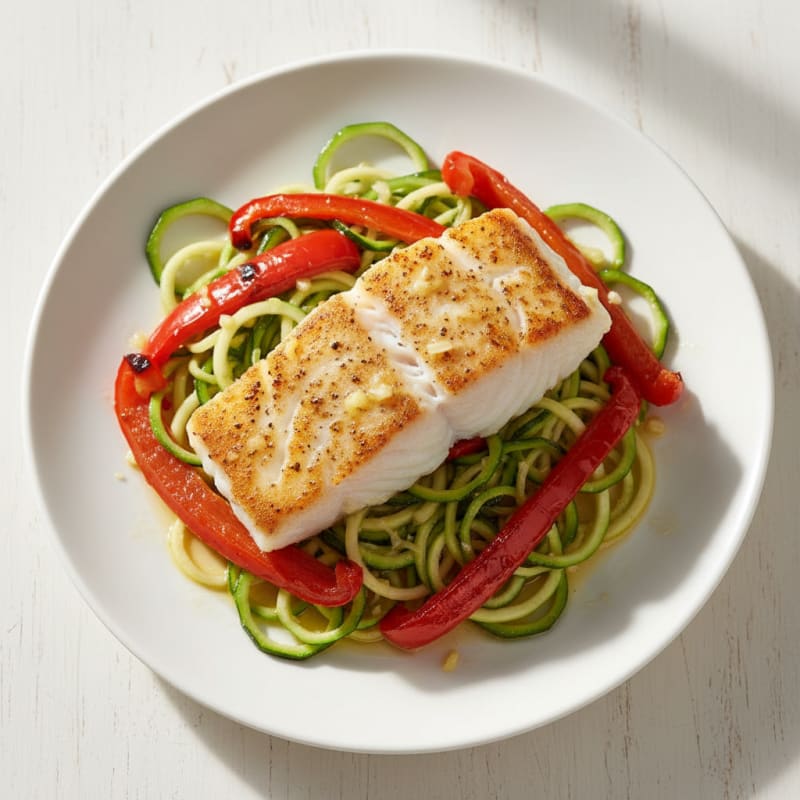 Seared Cod Fillet with Zucchini Noodles and Roasted Red Peppers