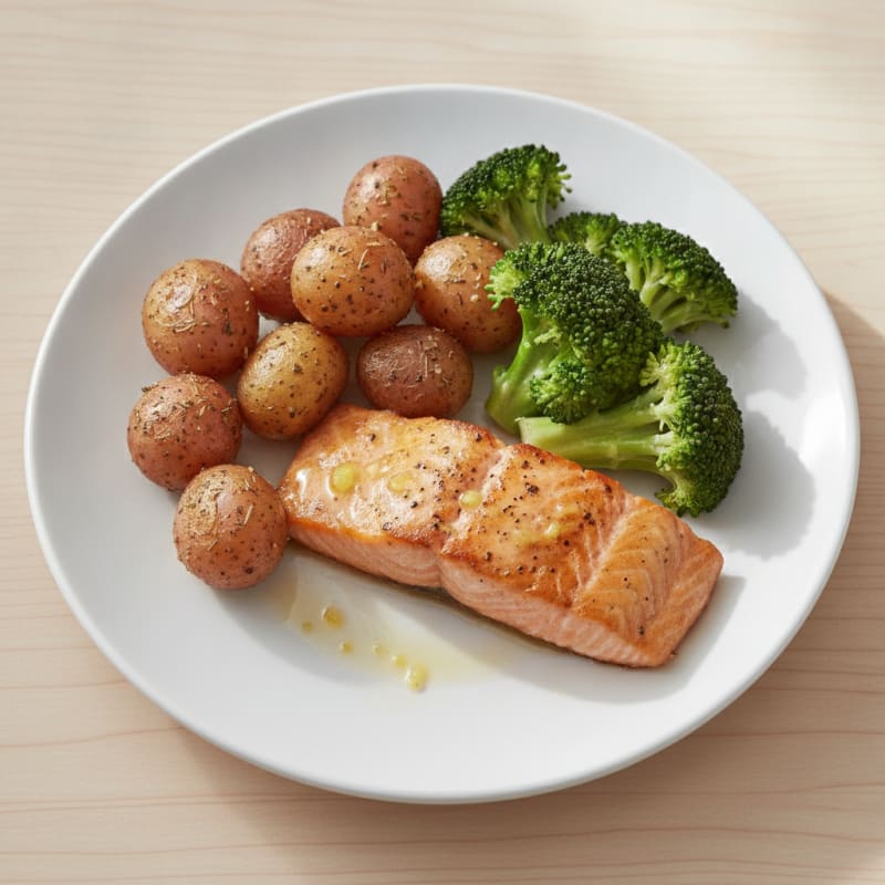 Pan-Seared Salmon with Herb Roasted Potatoes and Steamed Broccoli