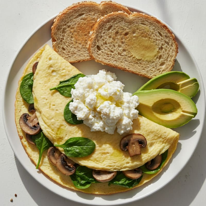 Egg White Spinach Omelette with Cottage Cheese and Sautéed Mushrooms