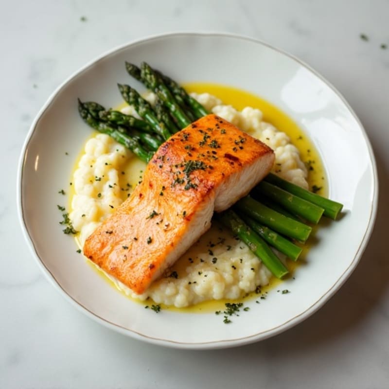 Seared Salmon with Steamed Asparagus and Garlic Cauliflower Mash
