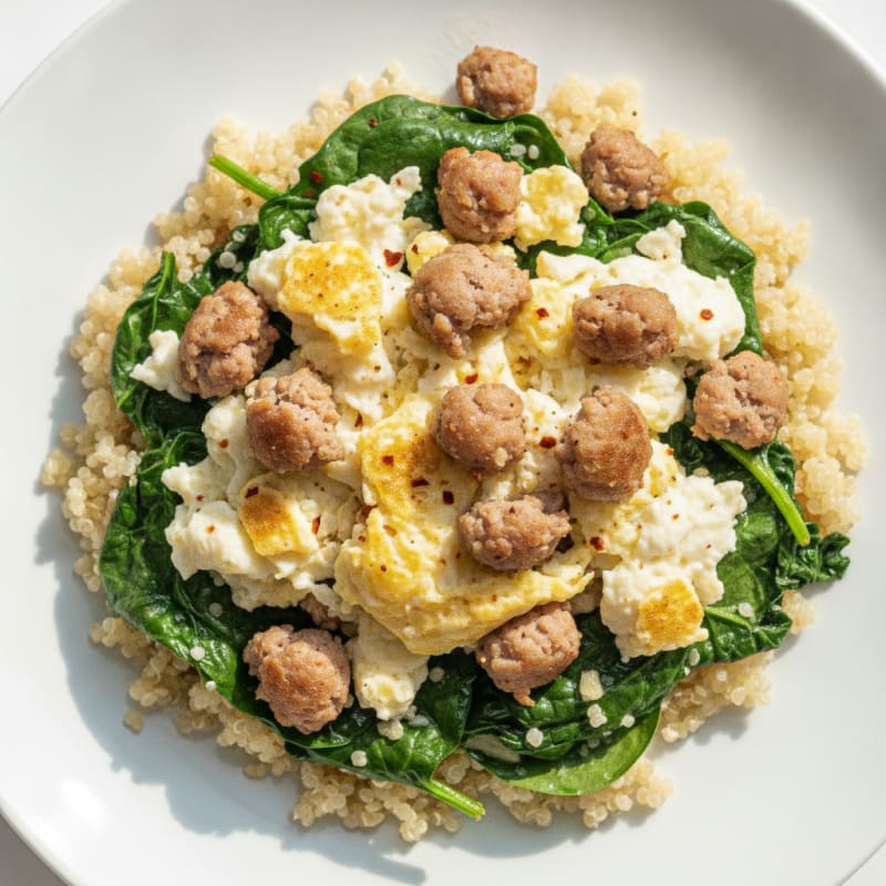 Egg White and Turkey Sausage Scramble with Sautéed Spinach and Quinoa