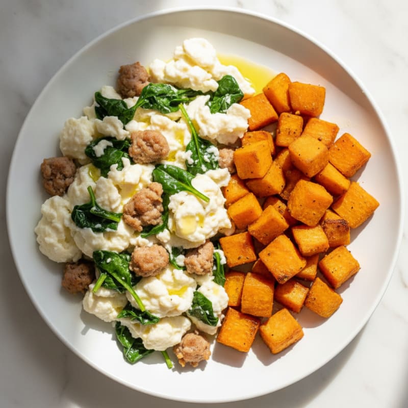 Egg White and Turkey Sausage Scramble with Spinach and Roasted Sweet Potato