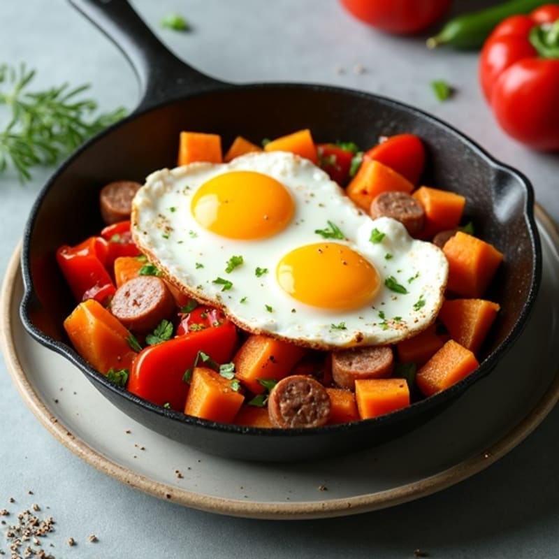 Savory Sweet Potato Breakfast Skillet with Lean Chicken Sausage, Bell Peppers, and Eggs