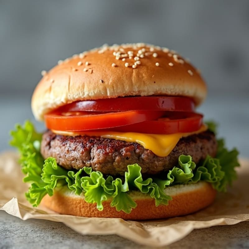Grilled Juicy Lean Beef Burger with Fresh Tomato and Crisp Lettuce