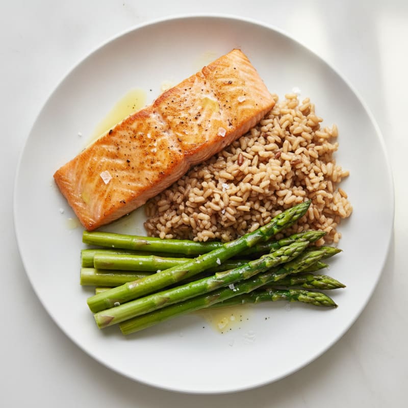 Seared Salmon with Steamed Asparagus and Brown Rice