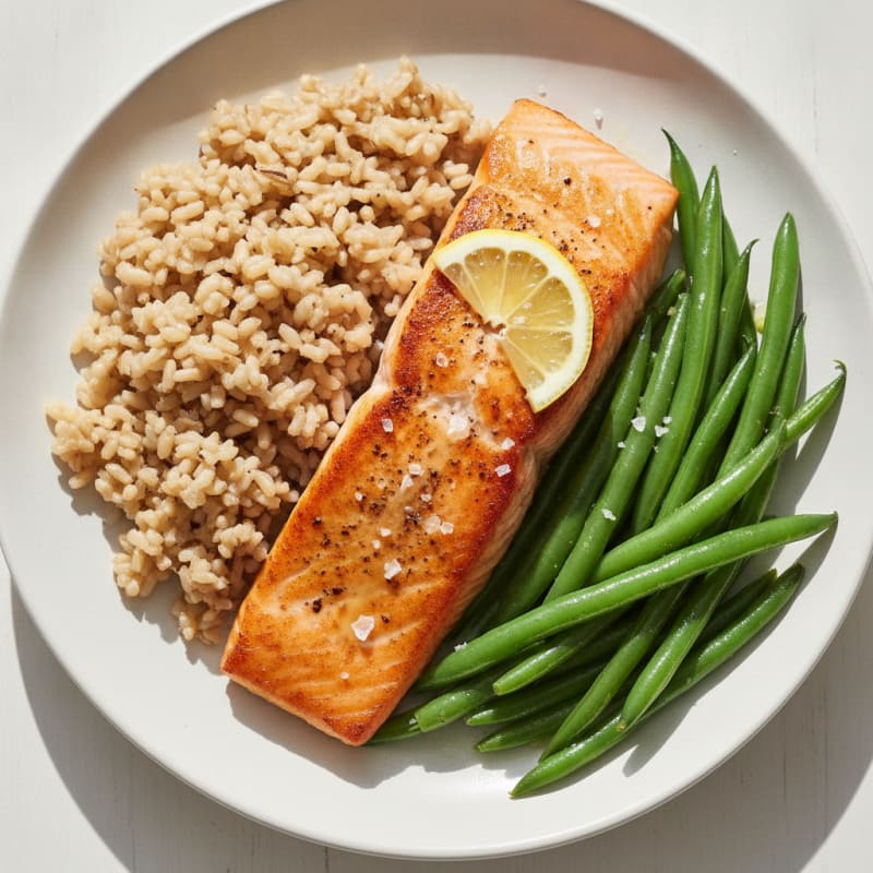 Seared Salmon with Steamed Green Beans and Brown Rice