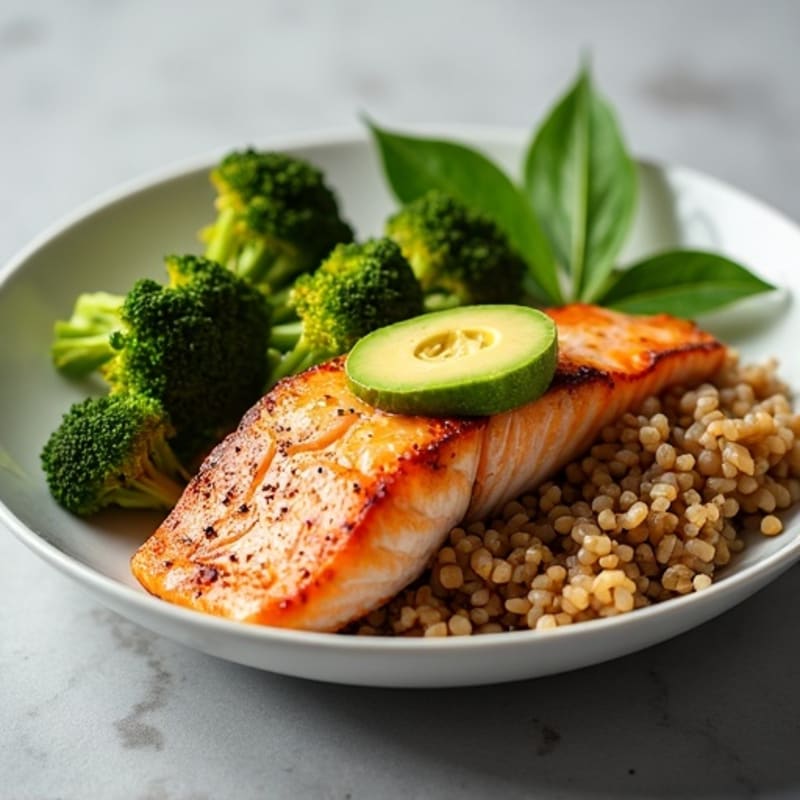 Flaky Roasted Salmon with Brown Rice, Roasted Broccoli, and Creamy Avocado