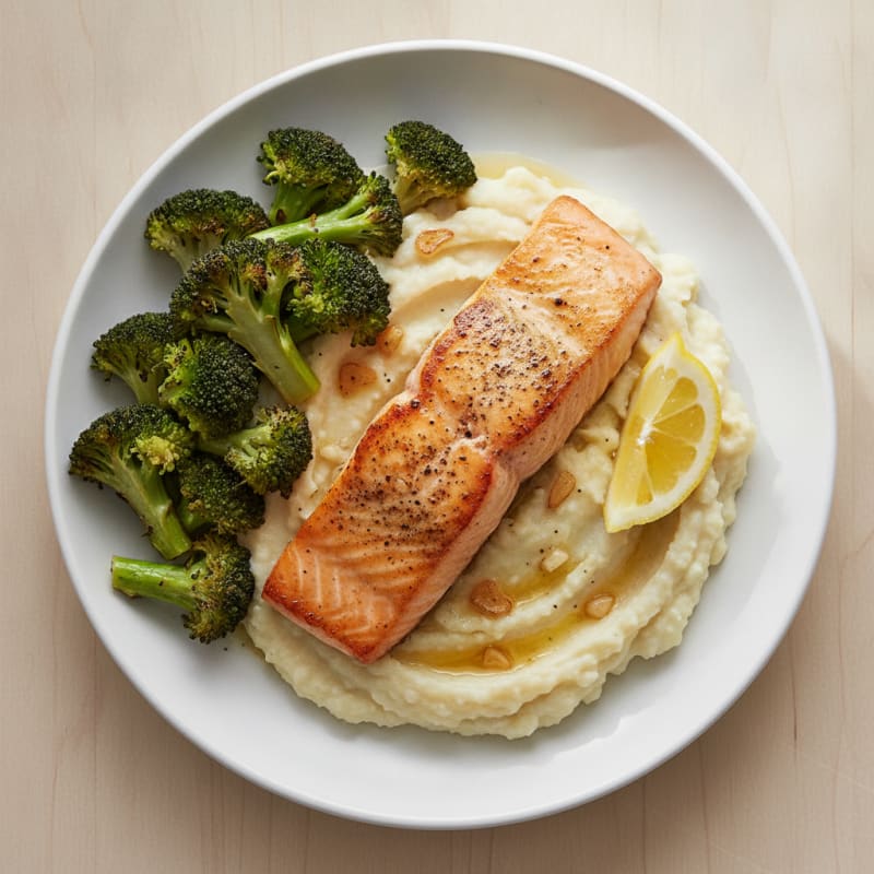 Seared Salmon with Roasted Broccoli and Garlic Cauliflower Mash