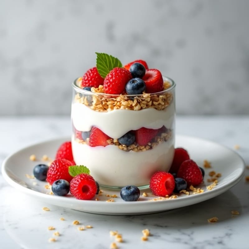 Greek Yogurt Parfait with Crunchy Almond Granola and Fresh Berries