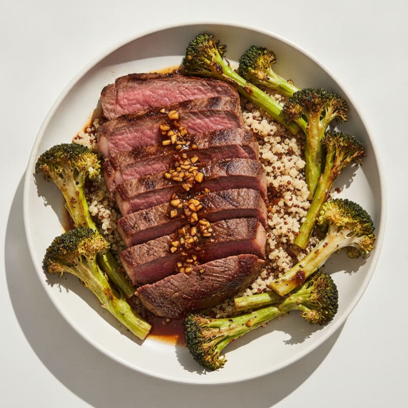 Seared Lean Beef with Roasted Broccoli and Quinoa