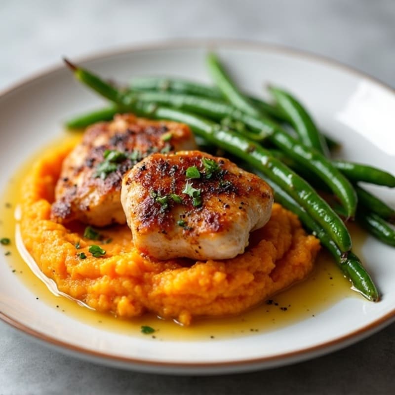Seared Chicken Thighs with Garlic Green Beans and Sweet Potato Mash