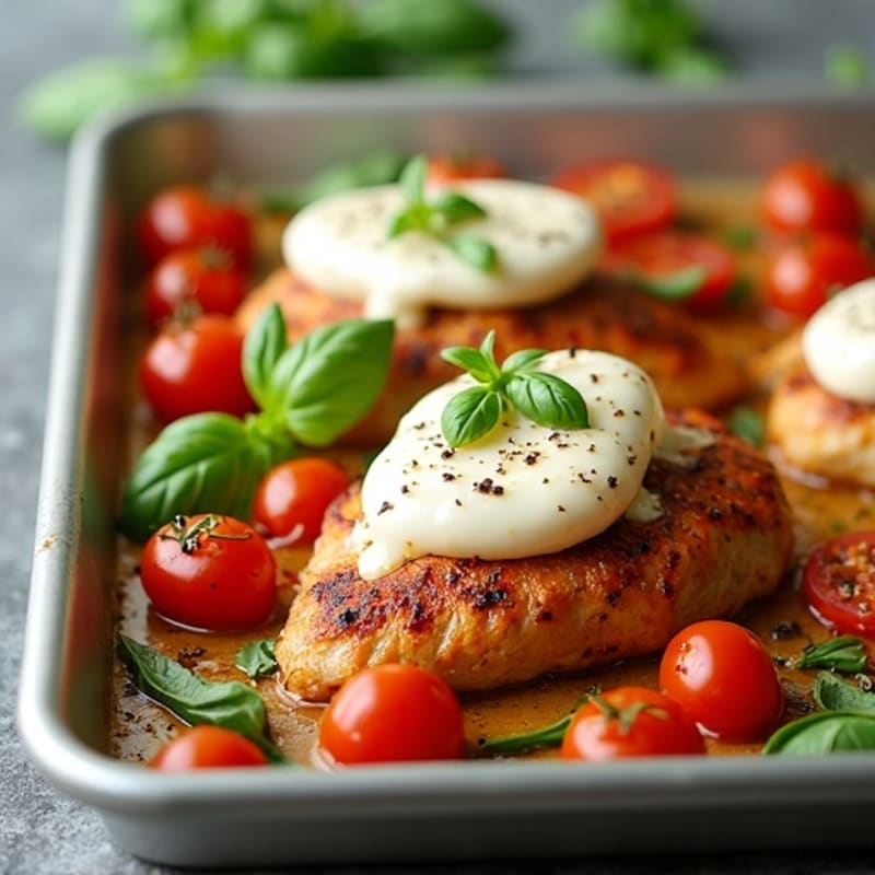 Sheet Pan Chicken with Roasted Tomatoes, Melty Mozzarella, and Fresh Basil