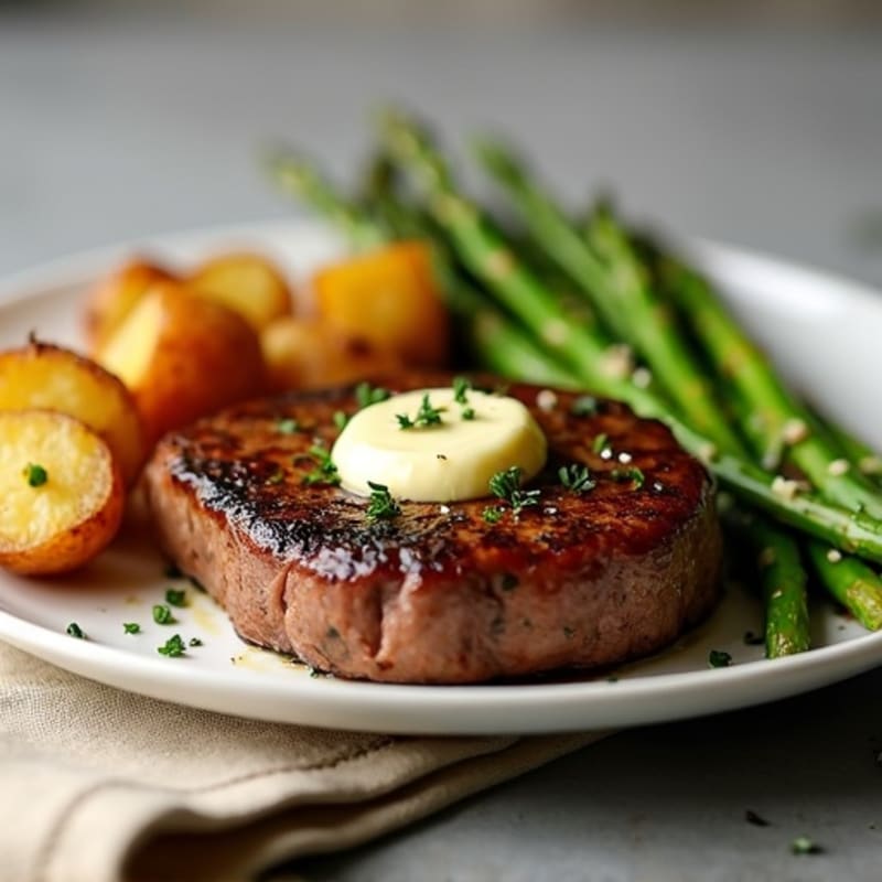 Pan-Seared Steak with Garlic Herb Butter, Roasted Potatoes, and Asparagus