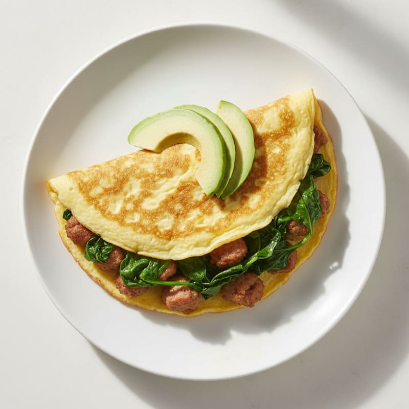 Egg White Omelet with Turkey Sausage and Sautéed Spinach