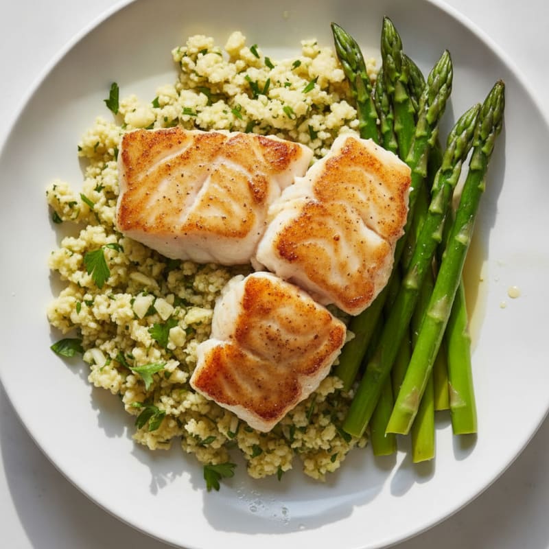 Seared Cod with Steamed Asparagus and Lemon-Herb Cauliflower Rice