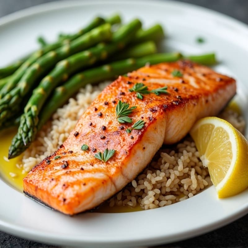 Seared Salmon Fillet with Steamed Asparagus and Brown Rice