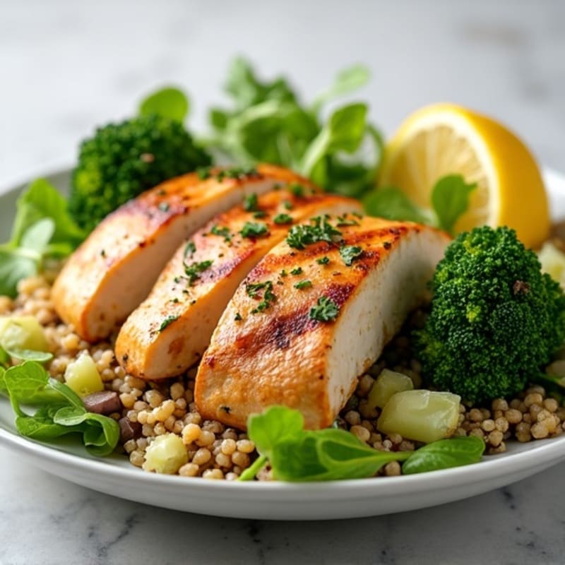 Grilled Chicken Breast Salad with Quinoa and Roasted Broccoli