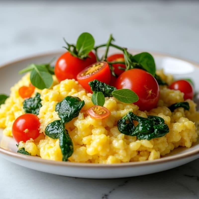 Fluffy Egg White Scramble with Fresh Spinach and Cherry Tomatoes