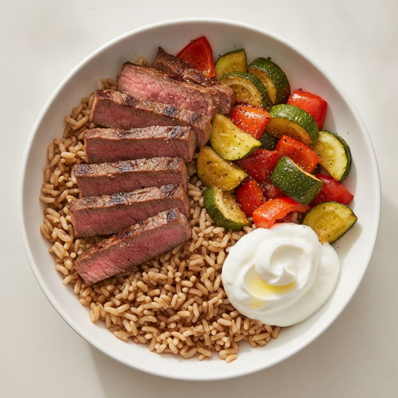 Grilled Beef and Roasted Vegetable Bowl with Brown Rice