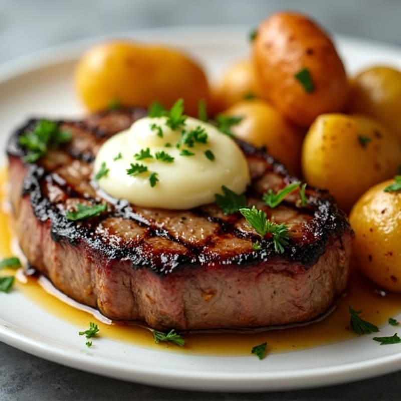 Seared Steak with Herb Butter and Roasted Baby Potatoes