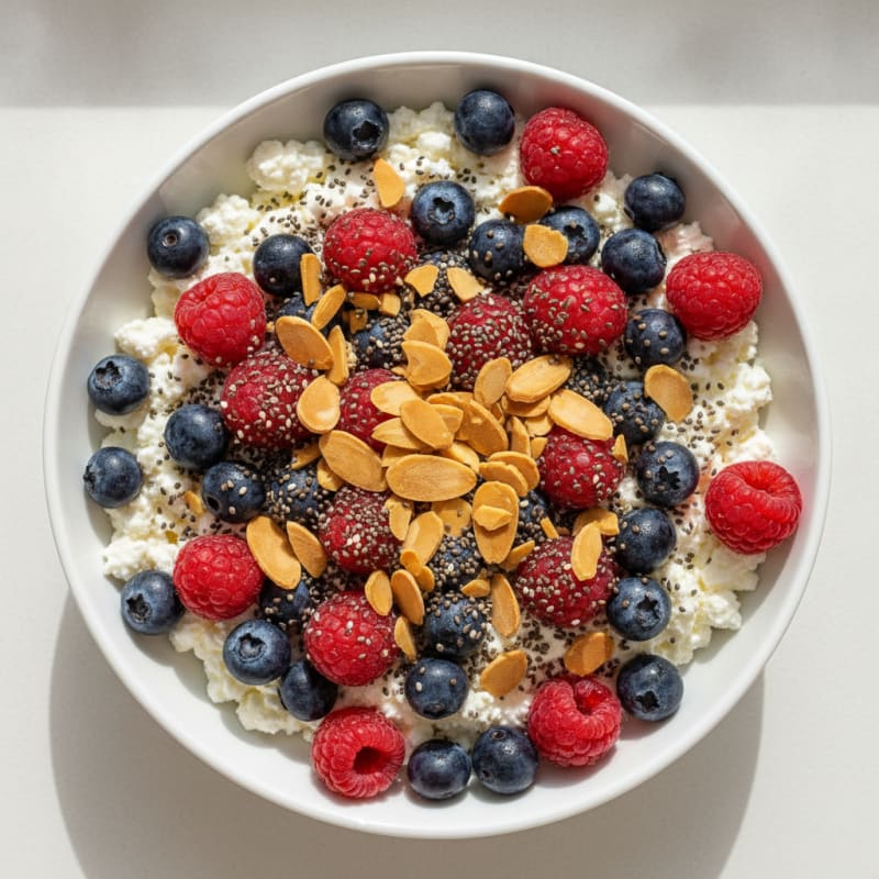 Cottage Cheese Berry Bowl with Almonds and Chia Seeds