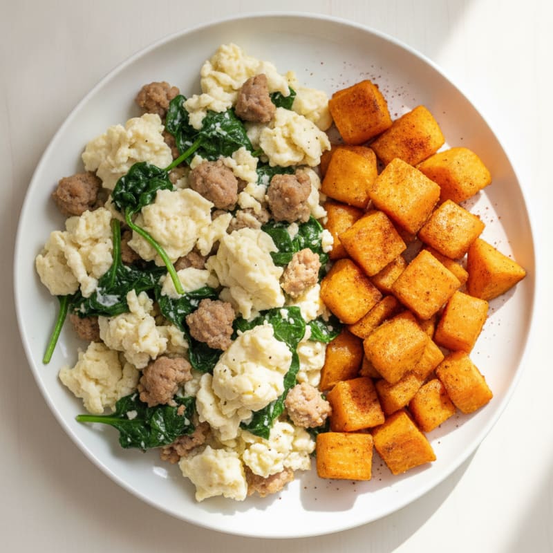 Egg White and Turkey Sausage Scramble with Spinach and Roasted Sweet Potato