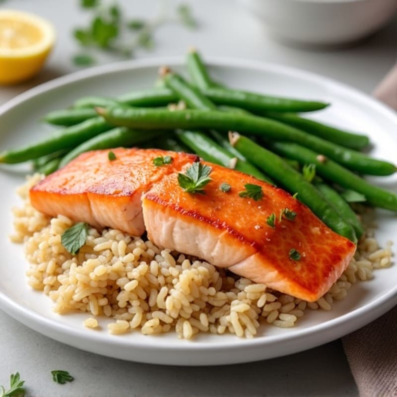Seared Salmon with Lemon-Garlic Green Beans and Brown Rice
