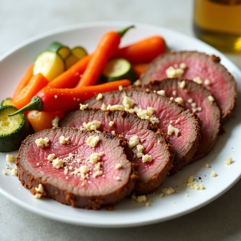 Tender Lean Roast Beef with Crispy Roasted Vegetables and Sharp Cheddar