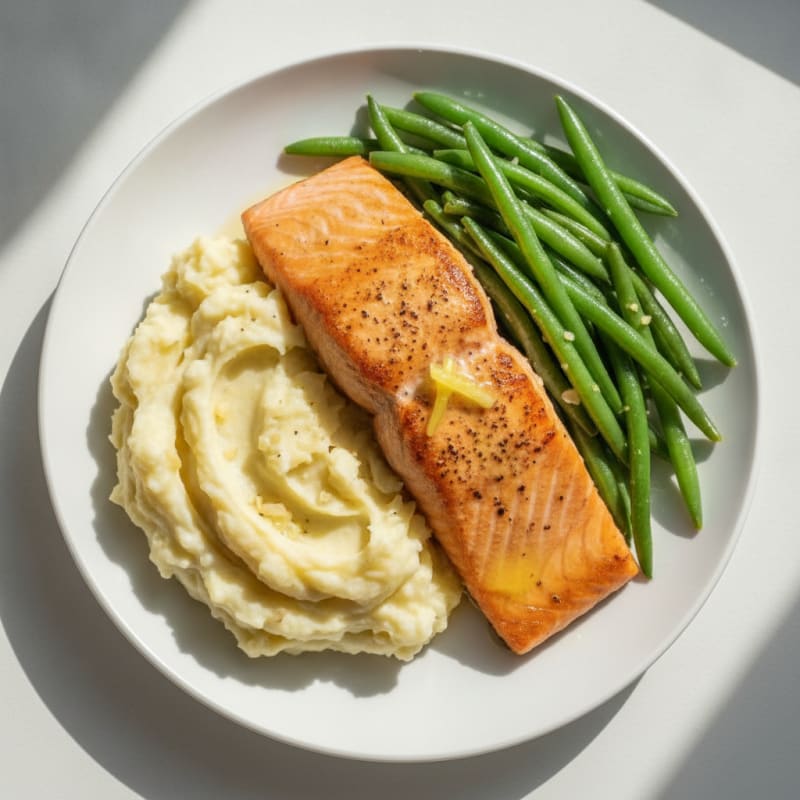 Seared Salmon with Steamed Green Beans and Garlic Mashed Potatoes