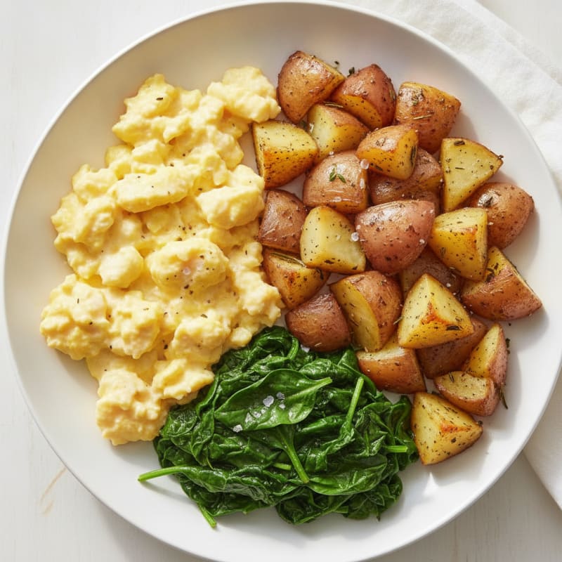 Scrambled Eggs with Roasted Potatoes and Spinach