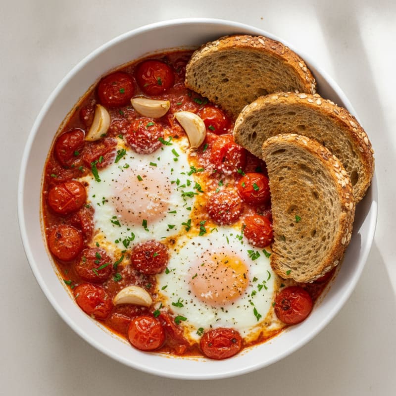 Baked Eggs with Roasted Tomatoes and Toast