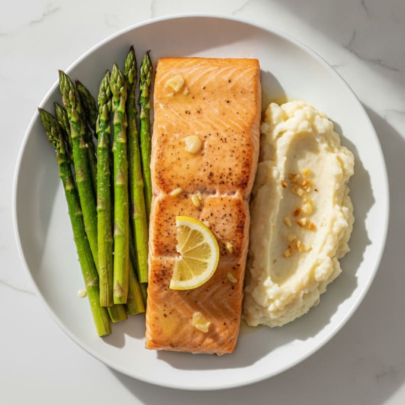 Baked Salmon with Roasted Asparagus and Garlic Mashed Cauliflower