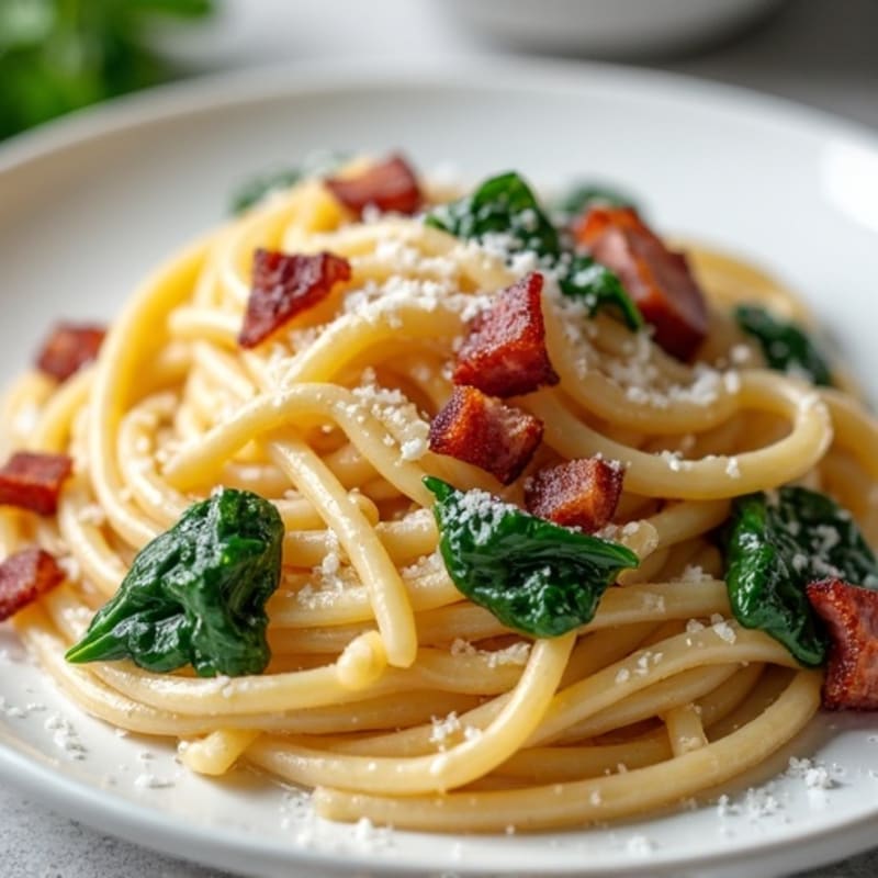 Creamy Whole Wheat Pasta Carbonara with Crispy Lean Bacon and Spinach
