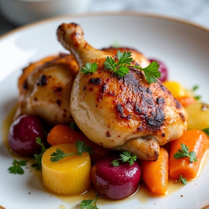 Roasted Chicken Thighs with Root Vegetables and Tangy Pickled Onions