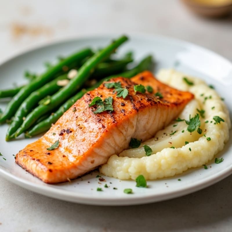 Seared Salmon with Garlic Green Beans and Cauliflower Mash