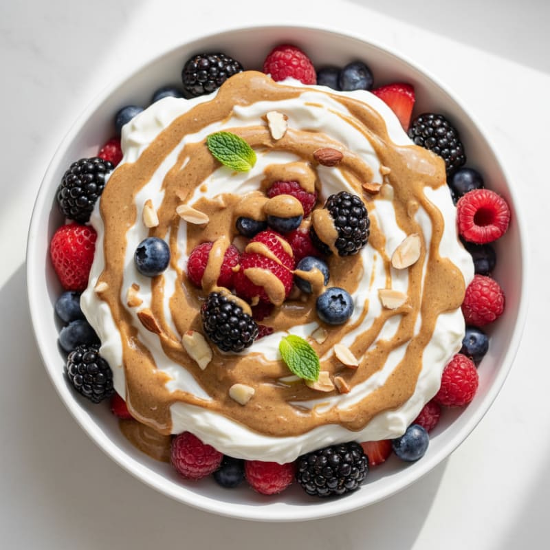 Creamy Greek Yogurt Protein Parfait with Mixed Berries and Almond Butter