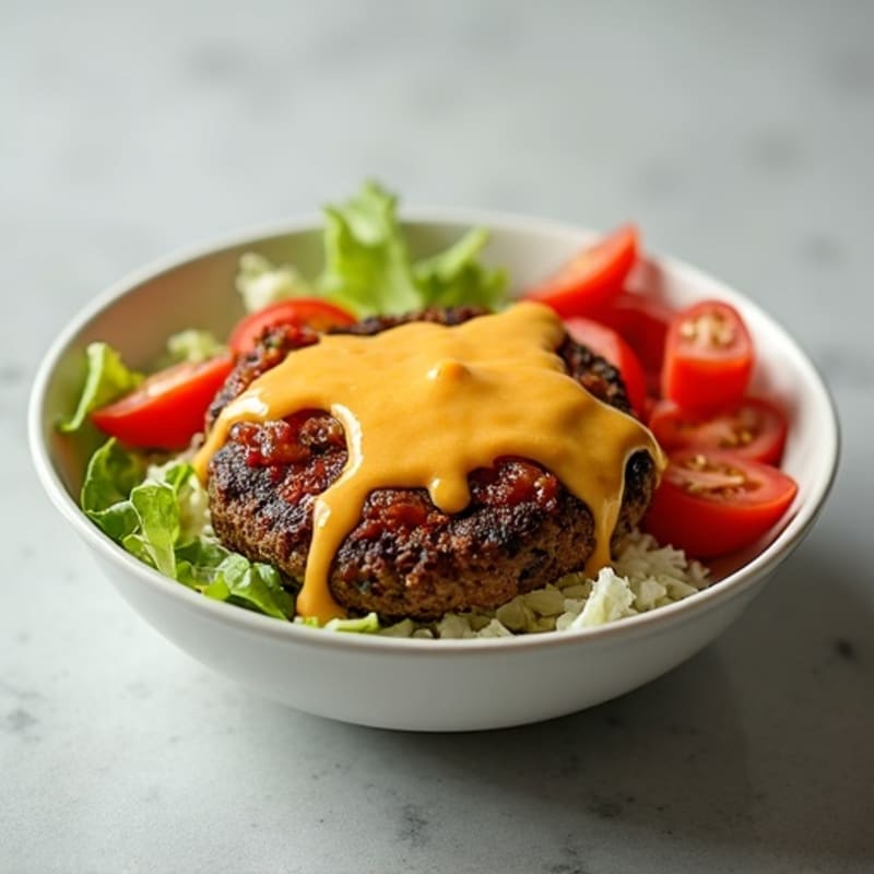 Lean Beef Burger Bowl with Crispy Turkey Bacon and Creamy Cheesy Sauce