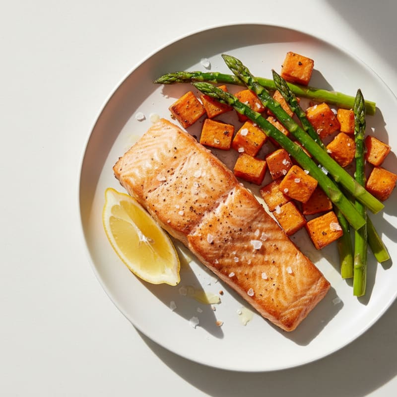 Seared Salmon Fillet with Roasted Sweet Potatoes and Asparagus