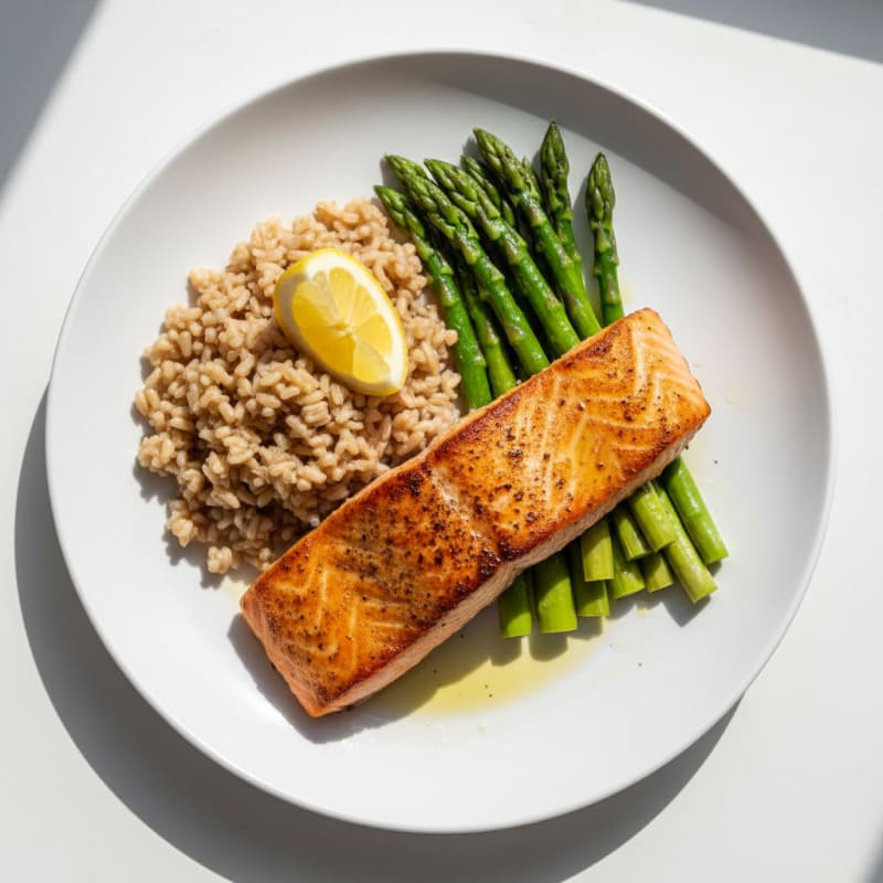 Seared Salmon with Steamed Asparagus and Brown Rice