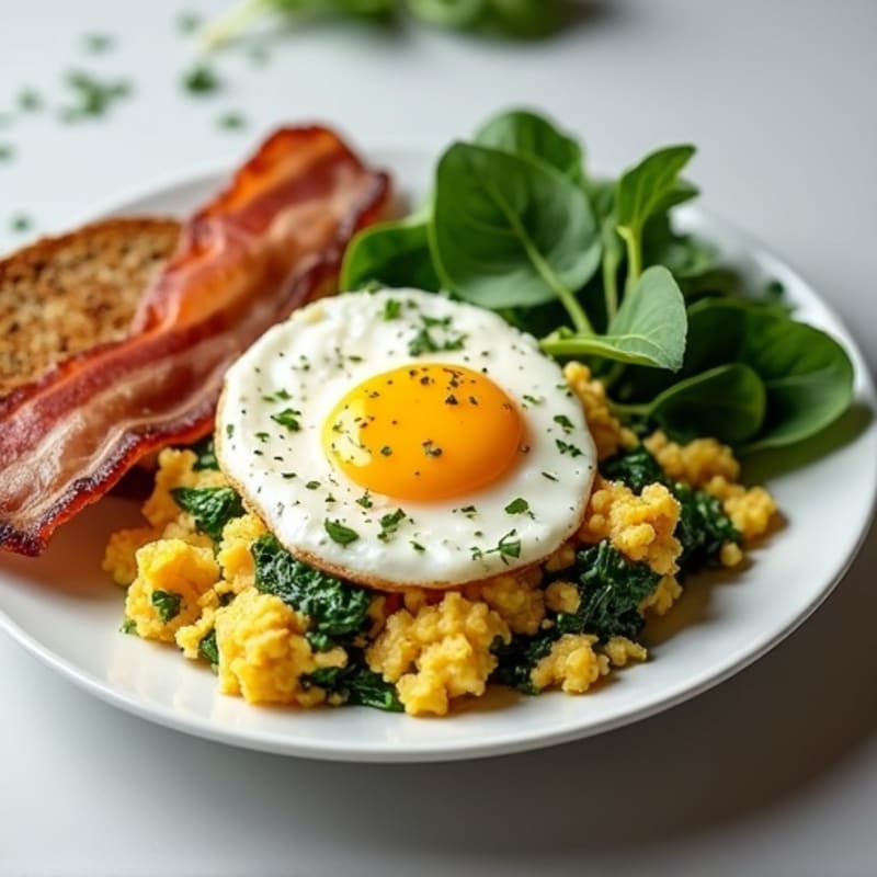 Egg White and Spinach Scramble with Cottage Cheese and Turkey Bacon