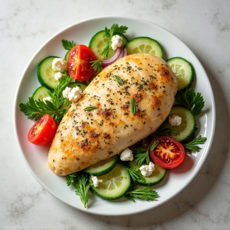 Lemon Herb Chicken with Crisp Cucumber Tomato Feta Salad