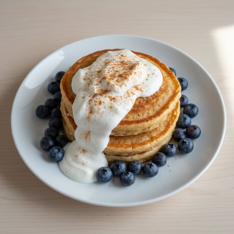 Fluffy Protein Hot Cakes with Greek Yogurt and Fresh Berries