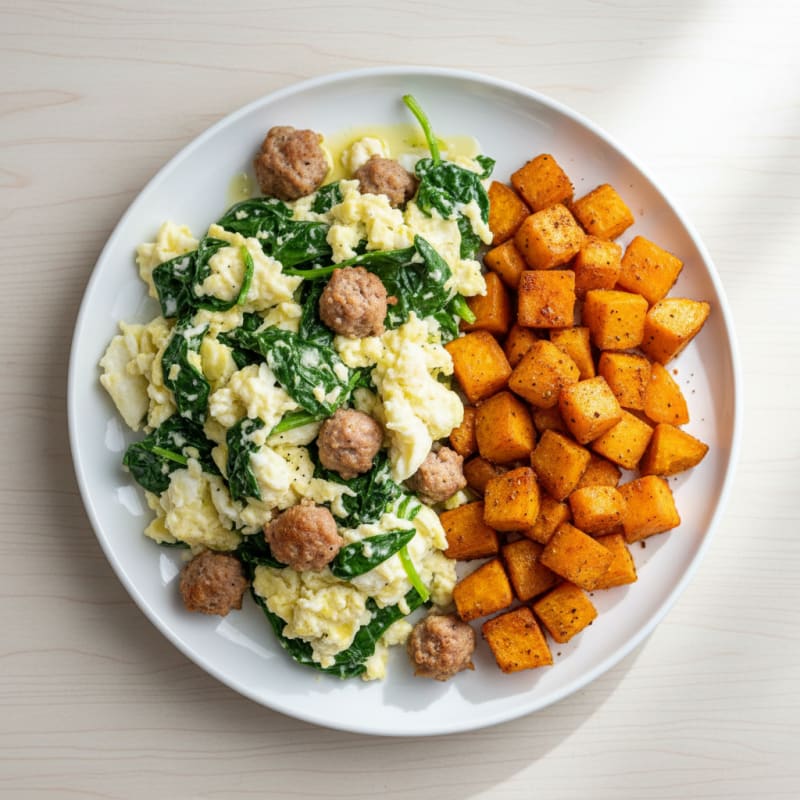 Egg White and Spinach Scramble with Turkey Sausage and Roasted Sweet Potatoes