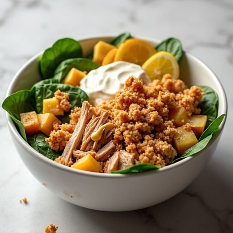 Shredded Rotisserie Chicken and Crispy Potato Power Bowl with Creamy Peanut Butter Greek Yogurt Dressing and Toasted Waffle Crumbles