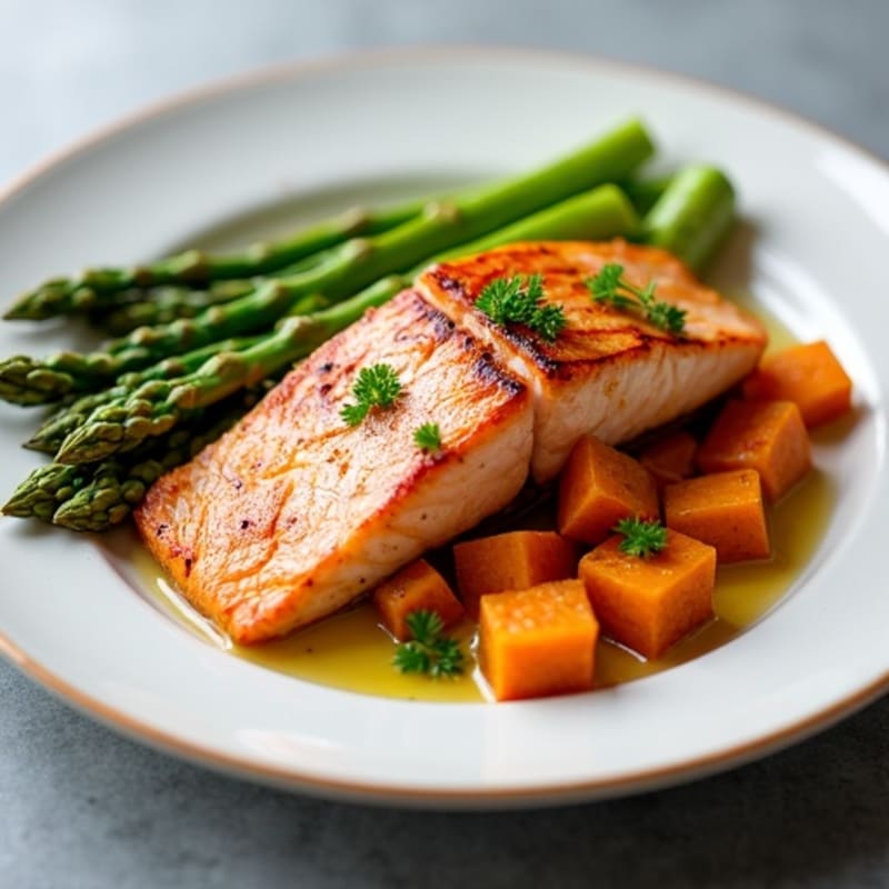 Seared Salmon with Roasted Sweet Potato and Asparagus